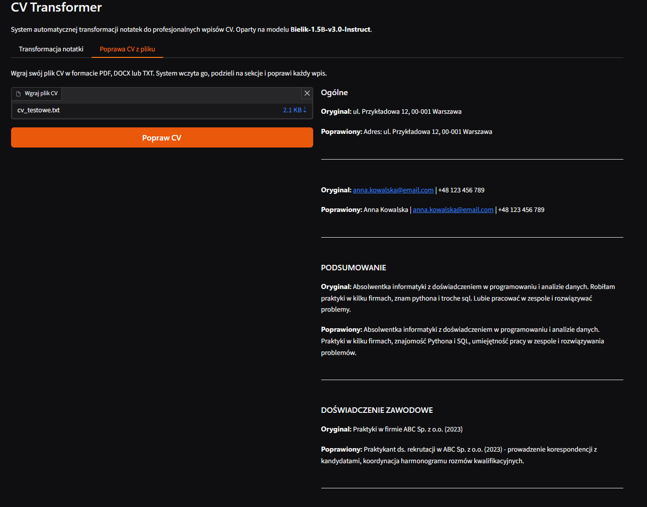 Wgranie i poprawa całego CV